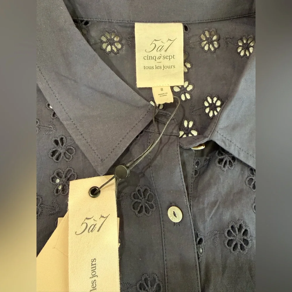 Cinq a Sept NWT‎ Alexie Dress 100% Cotton Navy Eyelet Lace Tie Mini Dress Size 8